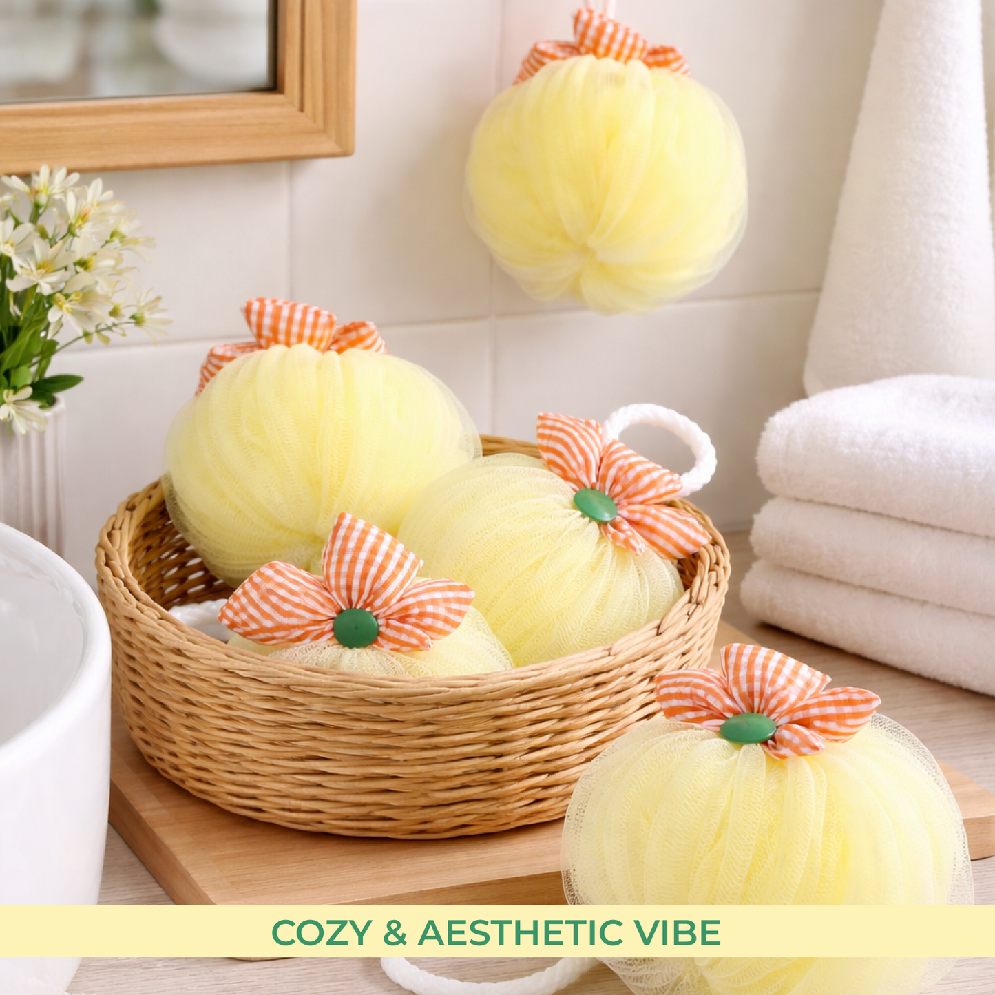 Checkered Flower Bath Sponge – Soft Exfoliating Luxurious Loofah with Rich Foam