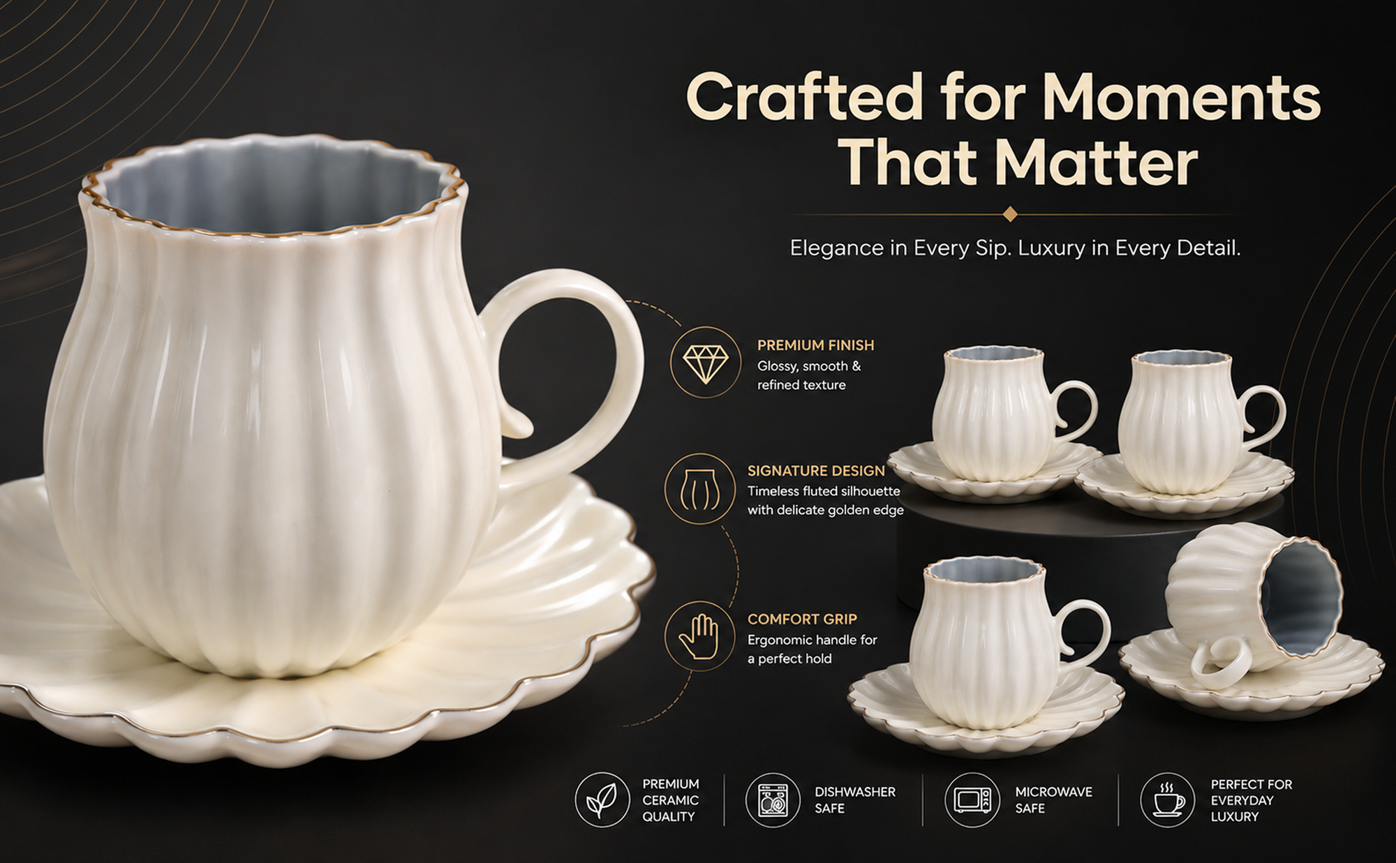 Ivory Luxe Gold Rim Ceramic Tea & Coffee Mug Set with Saucers (6 Pcs)Elegant Ribbed Design | Luxury White Coffee Cups with Plates | Microwave & Dishwasher Safe | Ideal for Home, Office & Gifting Banner 4