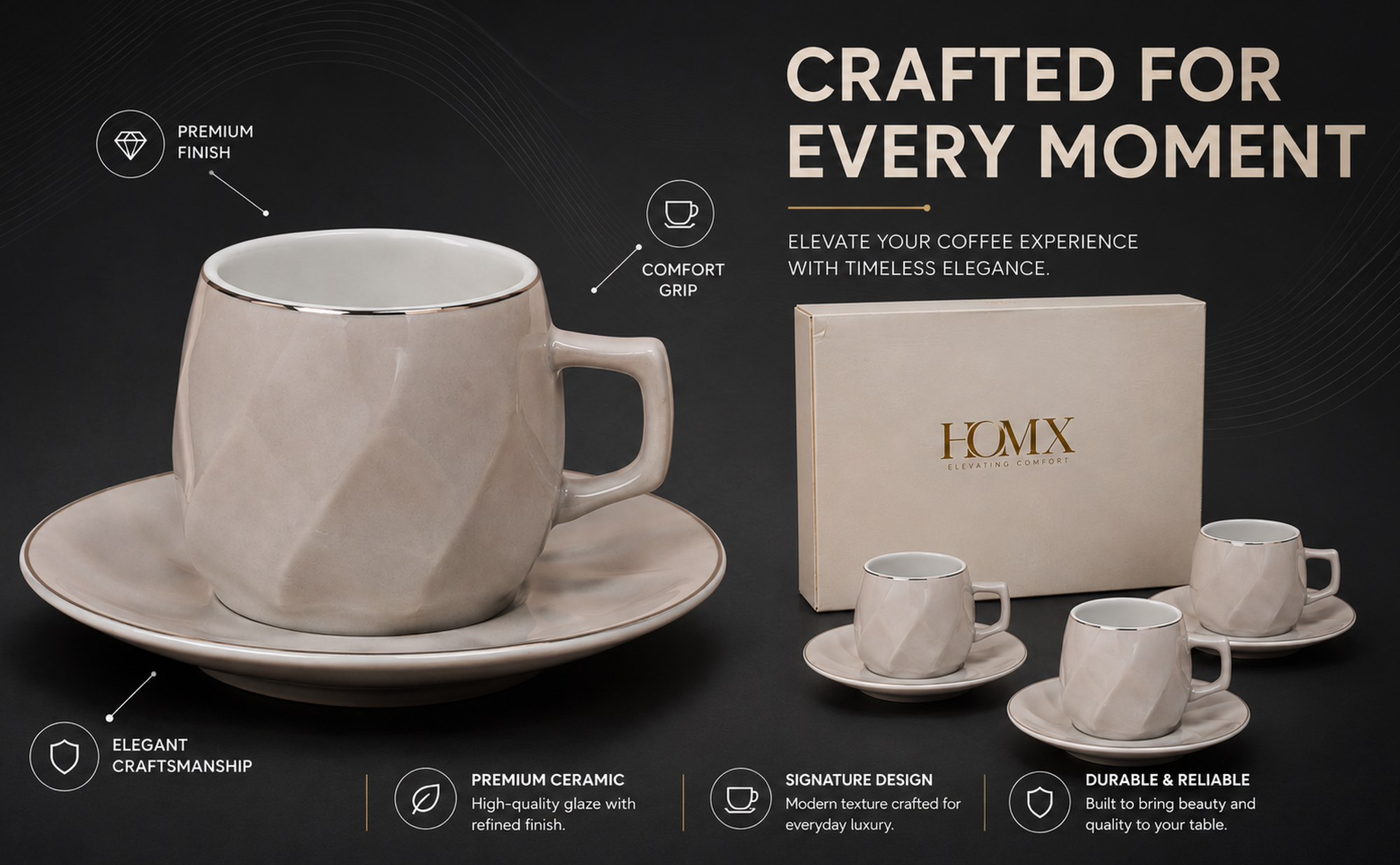 Luxury Gold Rim Ceramic Mug & Saucer - Set of 6 Banner 4