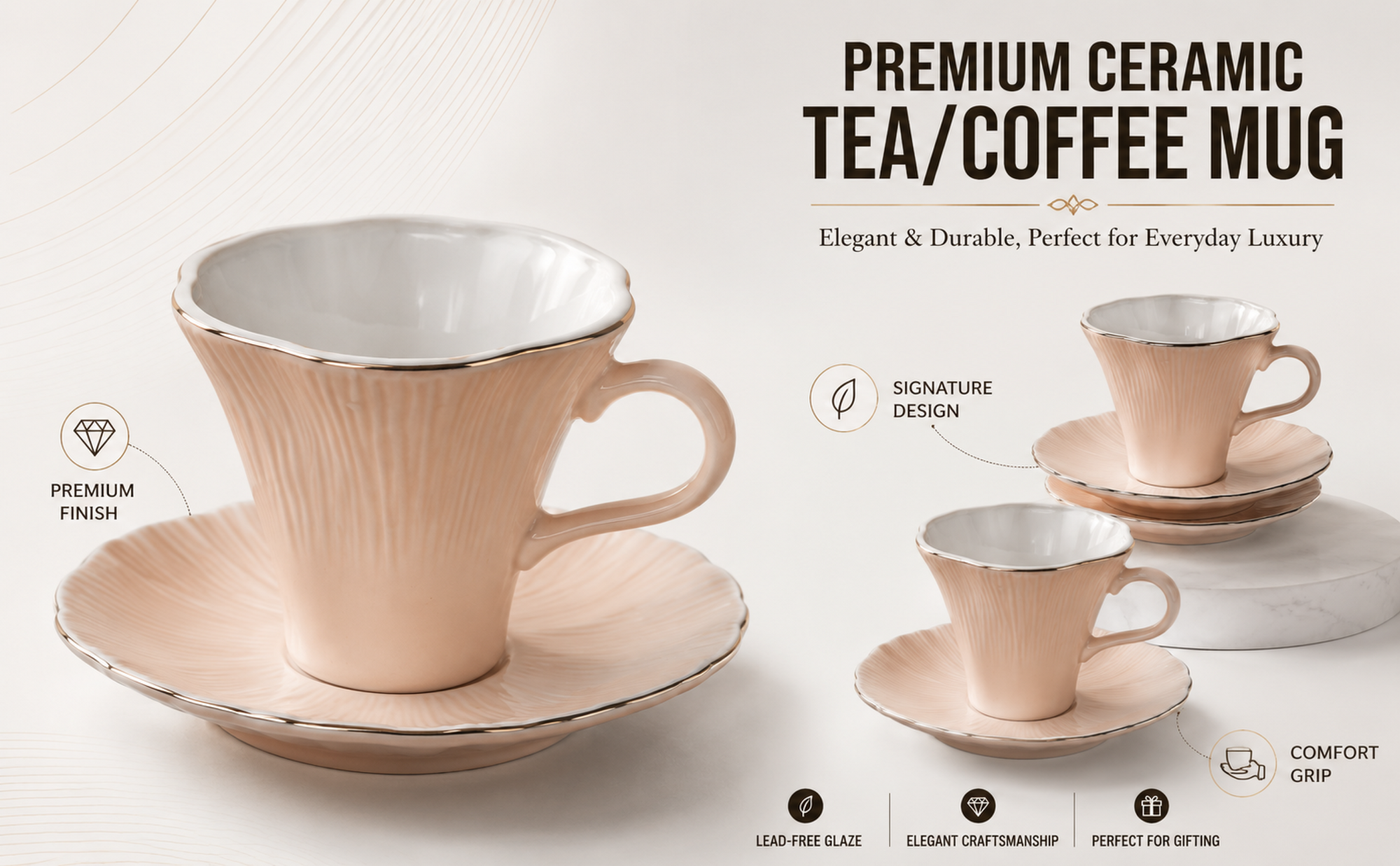 Luxury Ivory Gold Rim Ceramic Mug & Saucer Set of 6 Banner 4