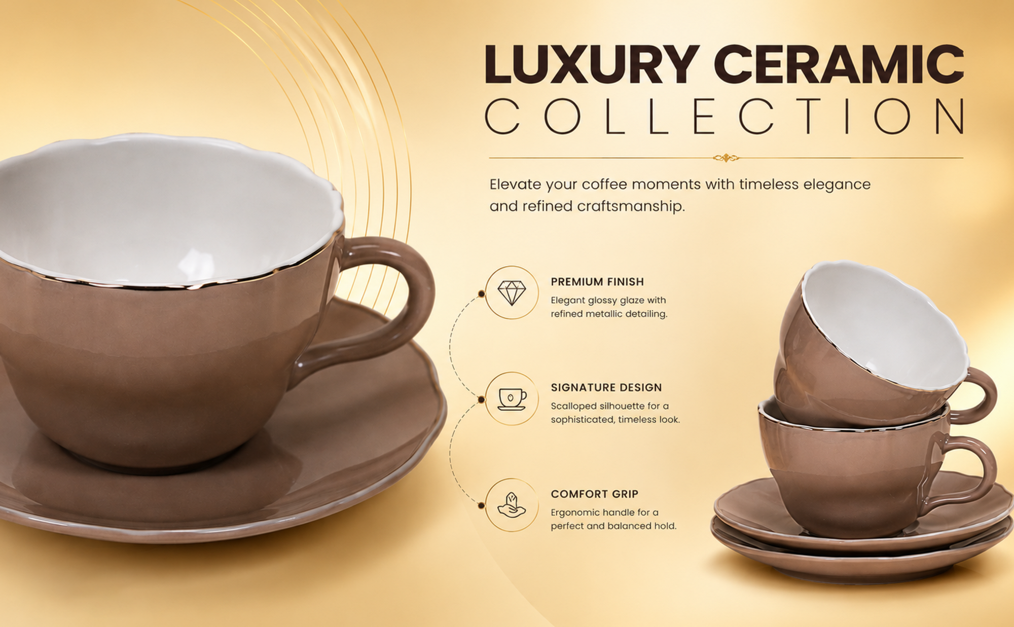 Blush Pink Gold-Rim Ceramic Tea Cup & Saucer Set for 6 Banner 2