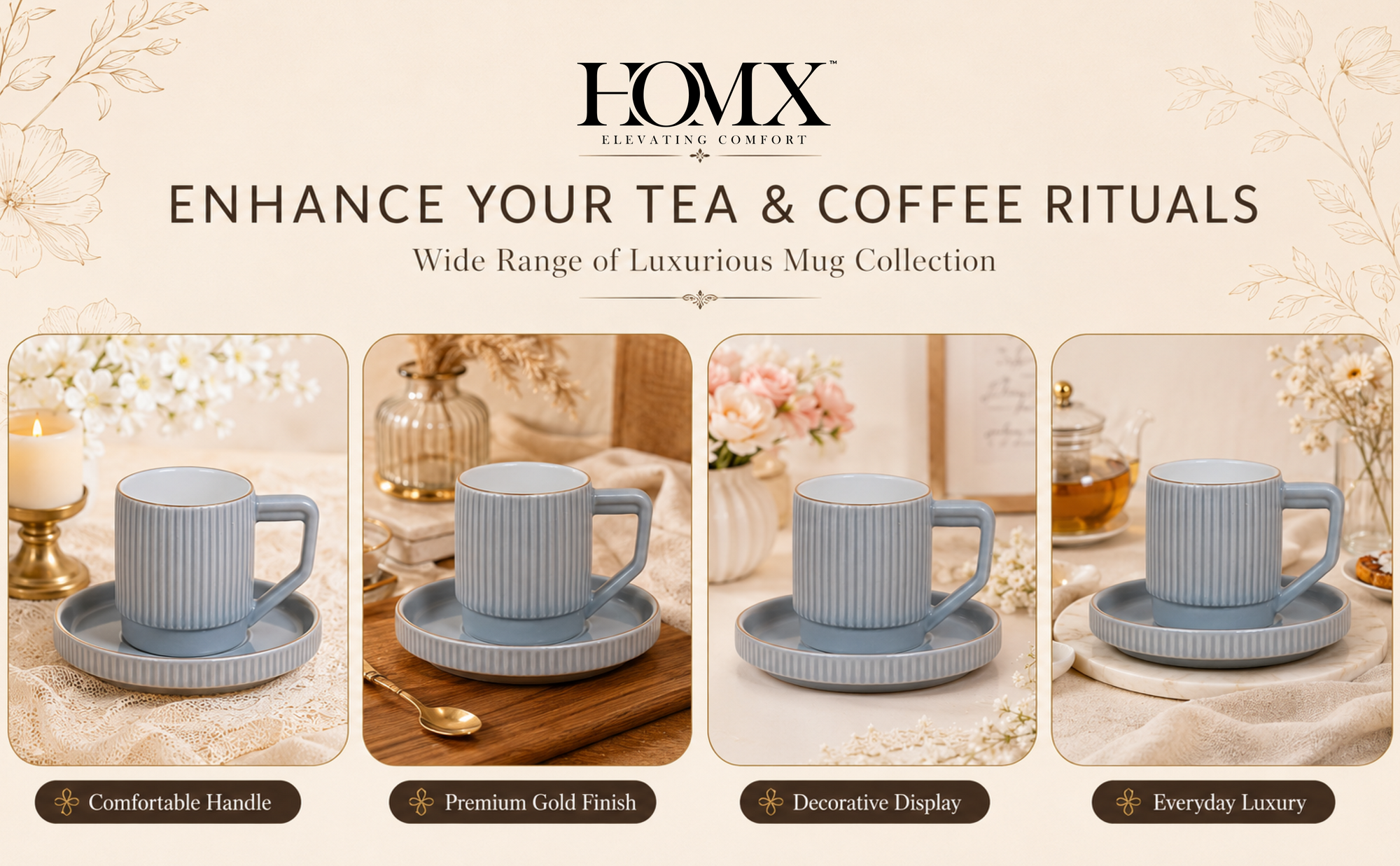 Premium Grey-Gold Rim Ribbed Ceramic Mug & Saucer - Set of 6 Banner 4