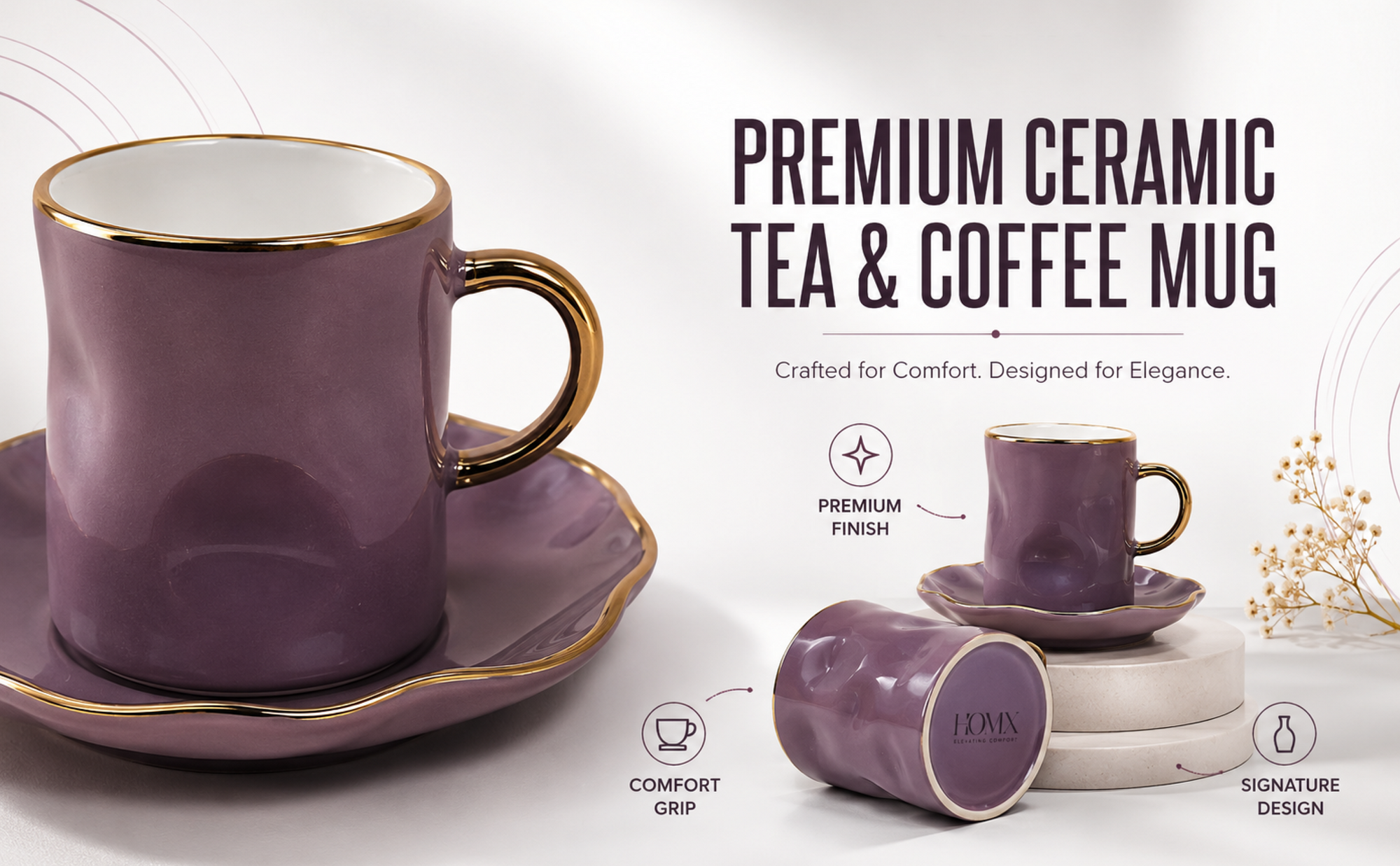 Luxury Gold Rim Ceramic Mug & Saucer Set – Premium Set of 6 Banner 4
