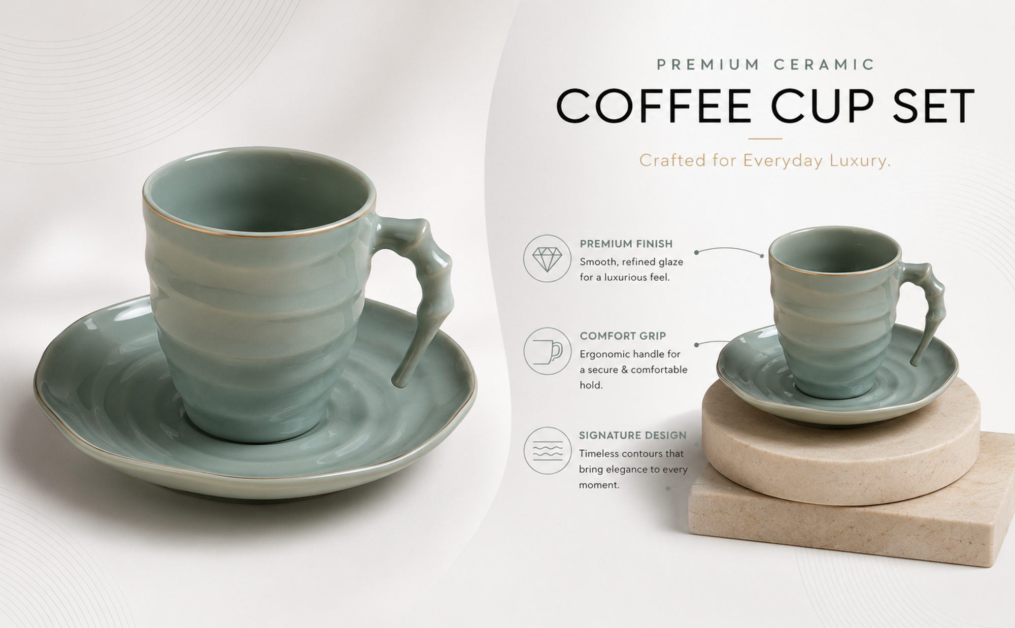 Luxury Sage Green Ceramic Mug & Saucer Set with Gold Rim (6 Pcs) Banner 4