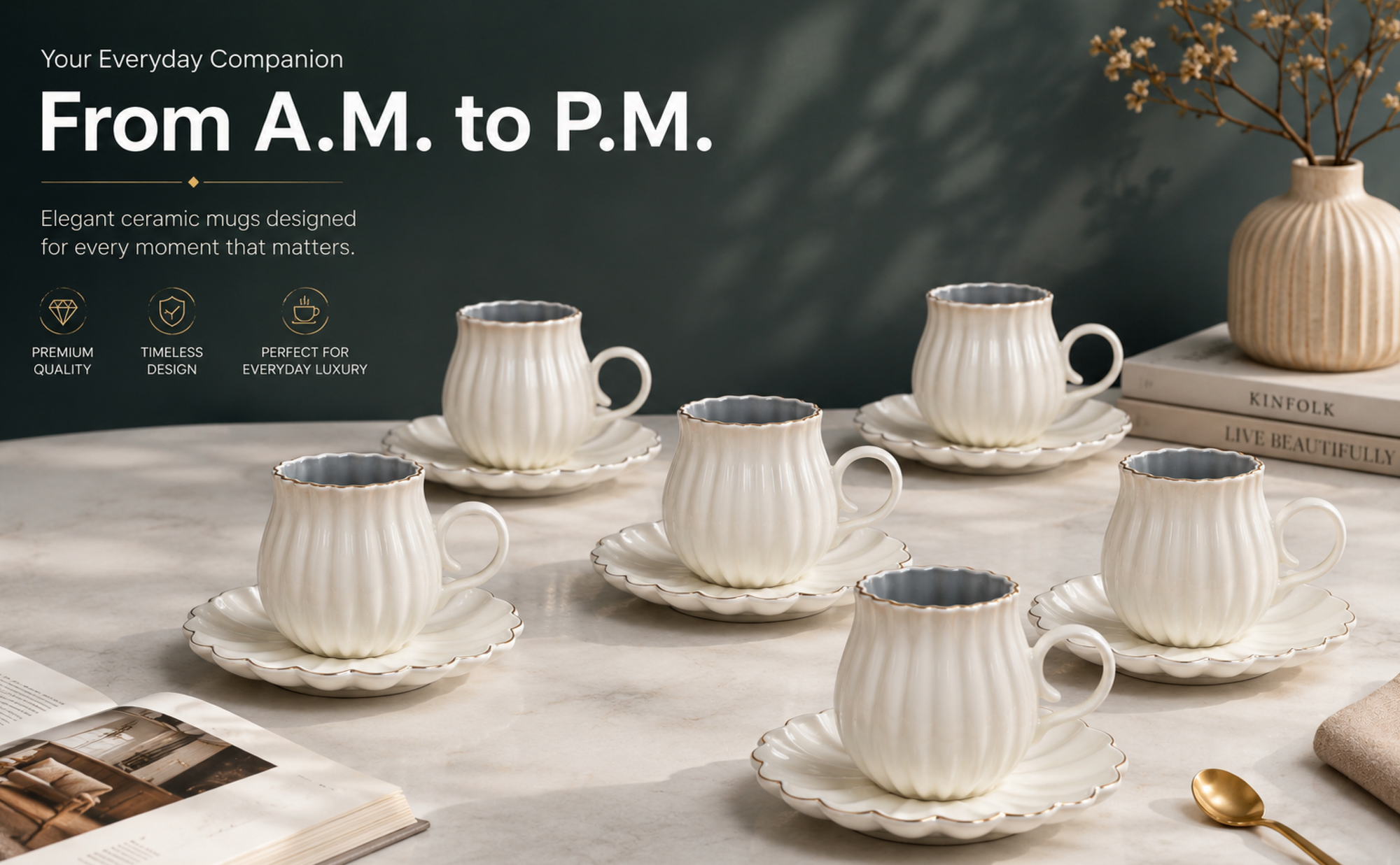 Ivory Luxe Gold Rim Ceramic Tea & Coffee Mug Set with Saucers (6 Pcs)Elegant Ribbed Design | Luxury White Coffee Cups with Plates | Microwave & Dishwasher Safe | Ideal for Home, Office & Gifting Banner 5