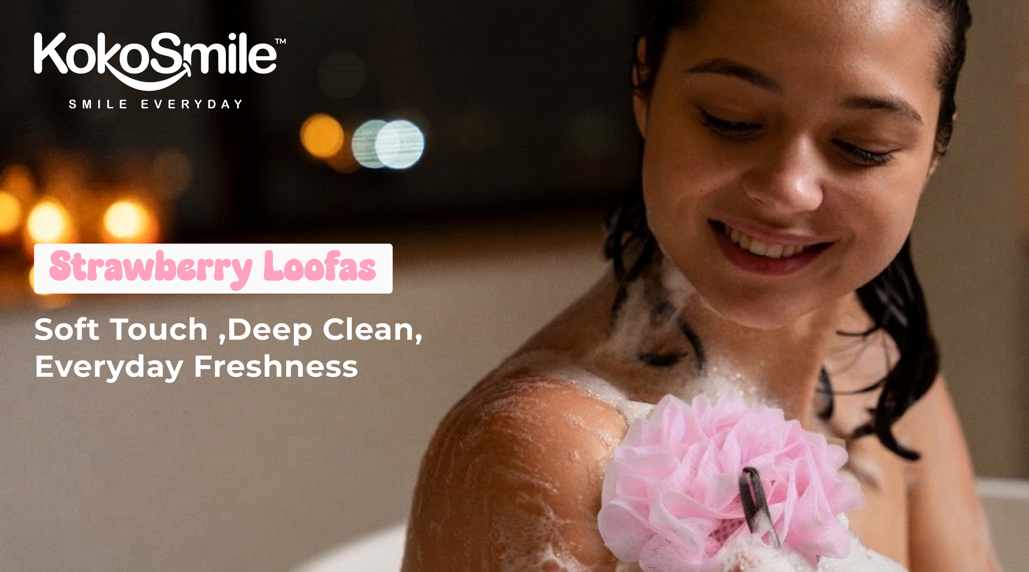 Strawberry Bath Loofah Sponge – Soft Exfoliating Shower Puff with Rich Foam Banner 1