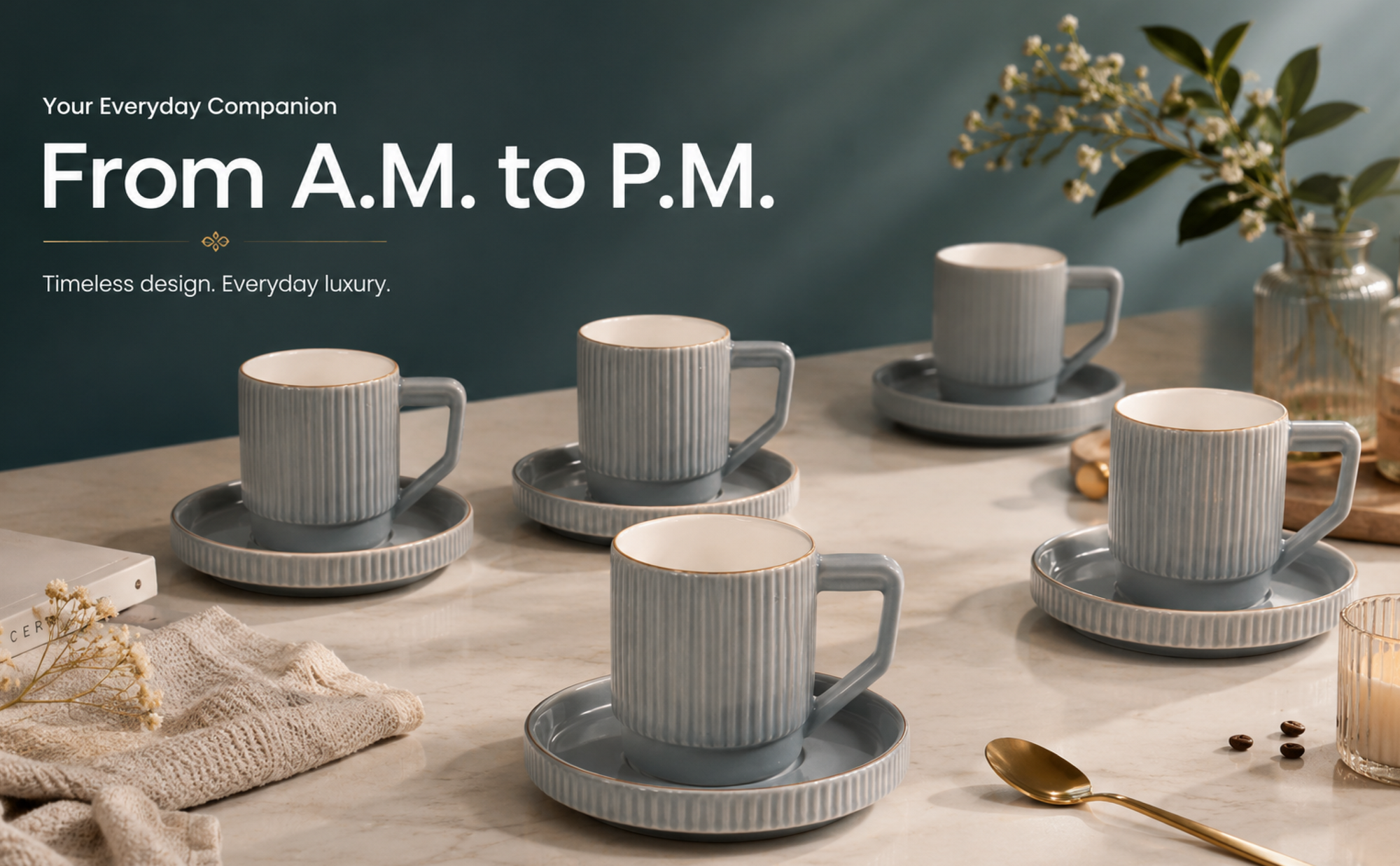Premium Grey-Gold Rim Ribbed Ceramic Mug & Saucer - Set of 6 Banner 5