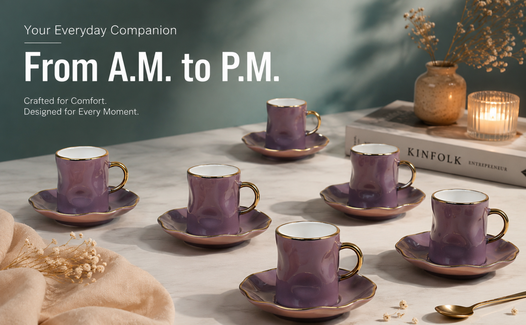 Luxury Gold Rim Ceramic Mug & Saucer Set – Premium Set of 6 Banner 5