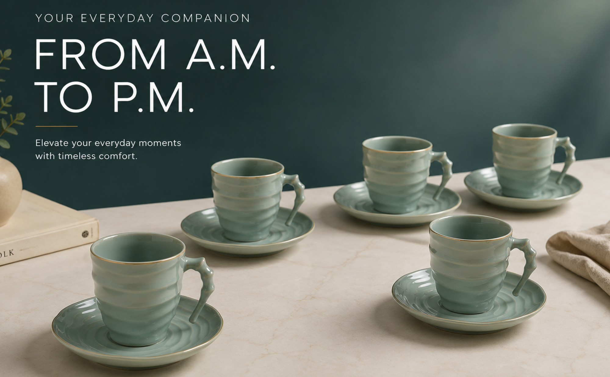 Luxury Sage Green Ceramic Mug & Saucer Set with Gold Rim (6 Pcs) Banner 5