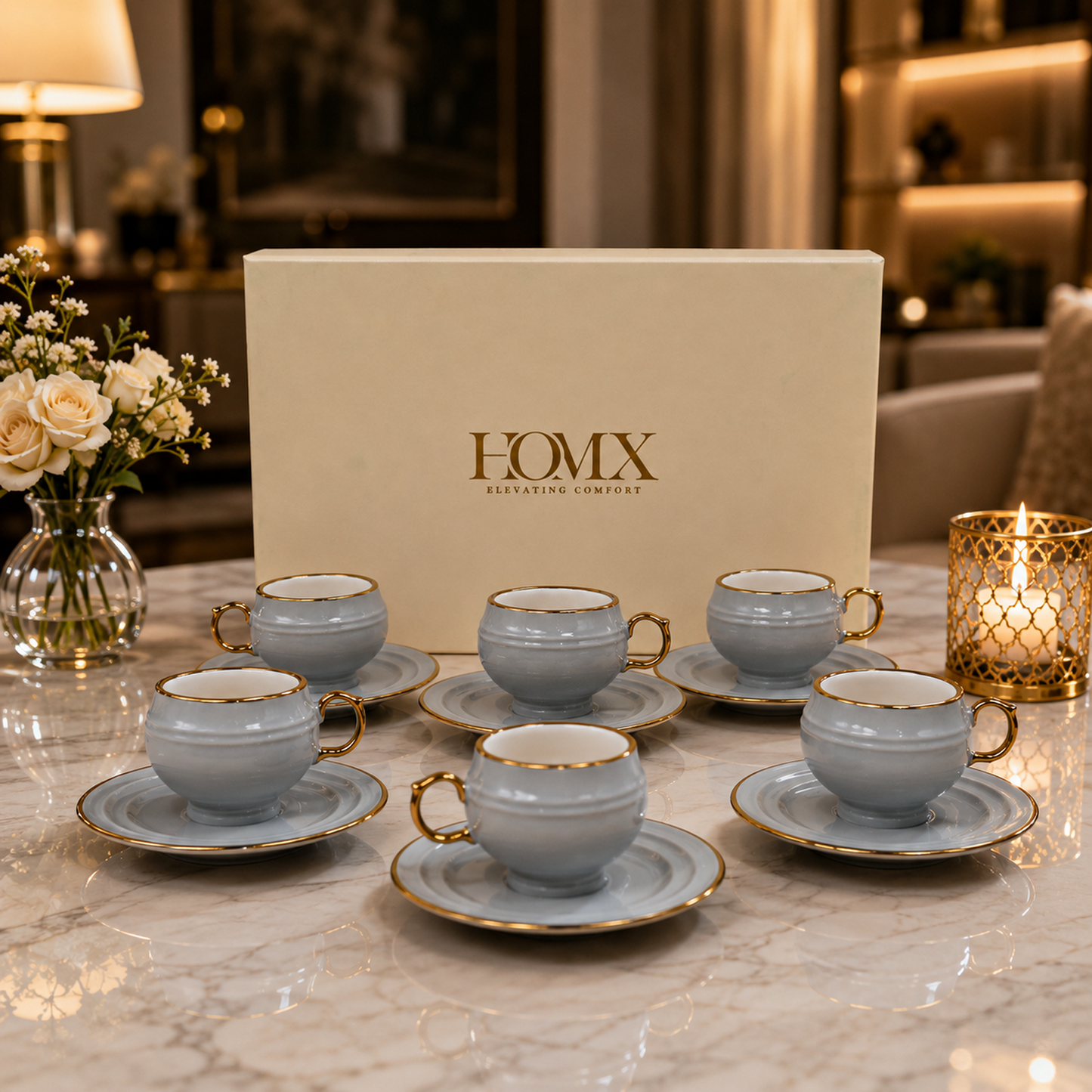 Luxury Sky Blue Gold Rim Ceramic Mug & Saucer Set – Set of 6