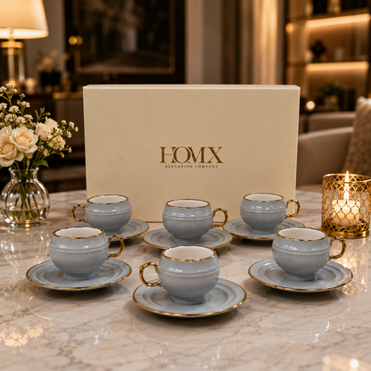 Luxury Sky Blue Gold Rim Ceramic Mug & Saucer Set – Set of 6