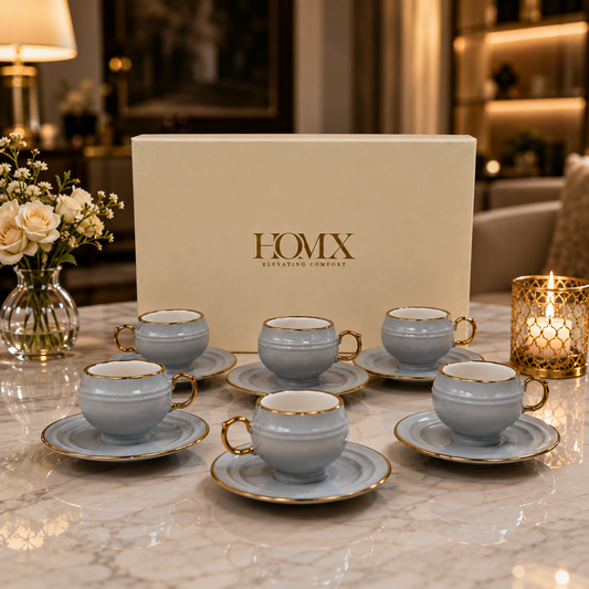 Luxury Sky Blue Gold Rim Ceramic Mug & Saucer Set – Set of 6
