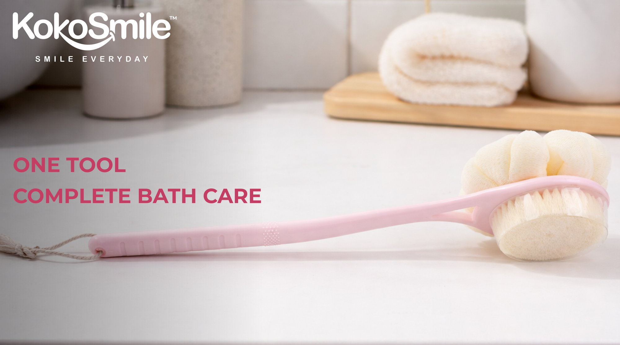 Dual-Sided Bath Back Scrubber Brush with Loofah & Long Handle Banner 1