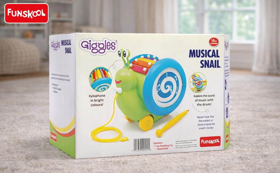 Funskool Giggles - 3 in 1 Pull Along Musical Snail,Toys for Kids, Xylophone for Kids, Drum Set, Walking Preschool Toys (18 Months & Above, Infant, Multicolour Banner 5
