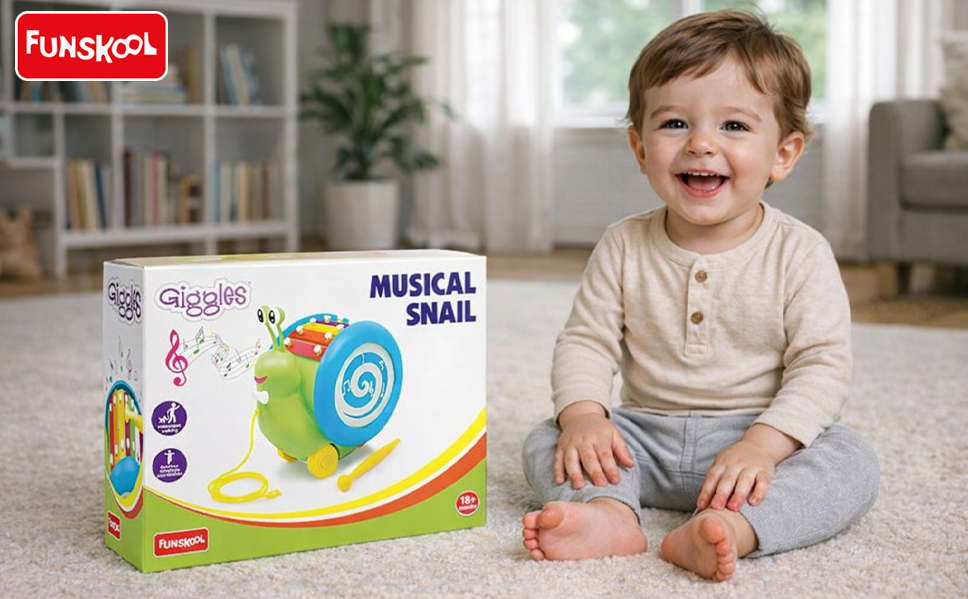 Funskool Giggles - 3 in 1 Pull Along Musical Snail,Toys for Kids, Xylophone for Kids, Drum Set, Walking Preschool Toys (18 Months & Above, Infant, Multicolour Banner 3