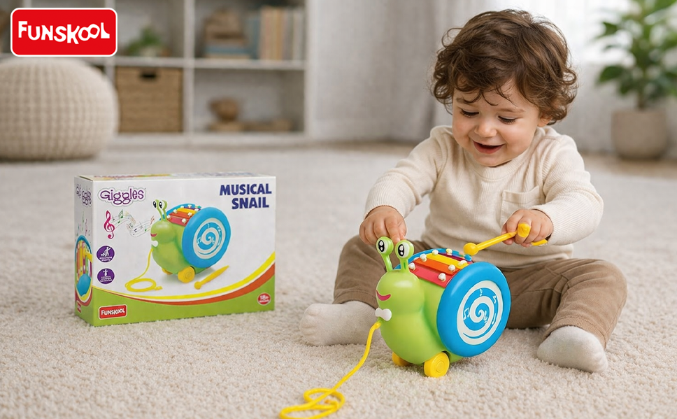 Funskool Giggles - 3 in 1 Pull Along Musical Snail,Toys for Kids, Xylophone for Kids, Drum Set, Walking Preschool Toys (18 Months & Above, Infant, Multicolour Banner 4