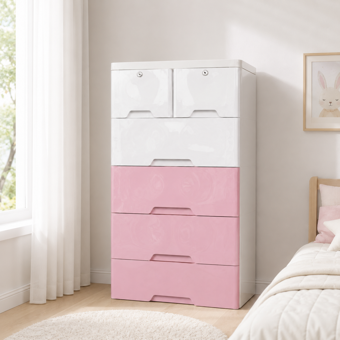 HOMX 6-Drawer Plastic Storage Cabinet with Lockable Top Drawers