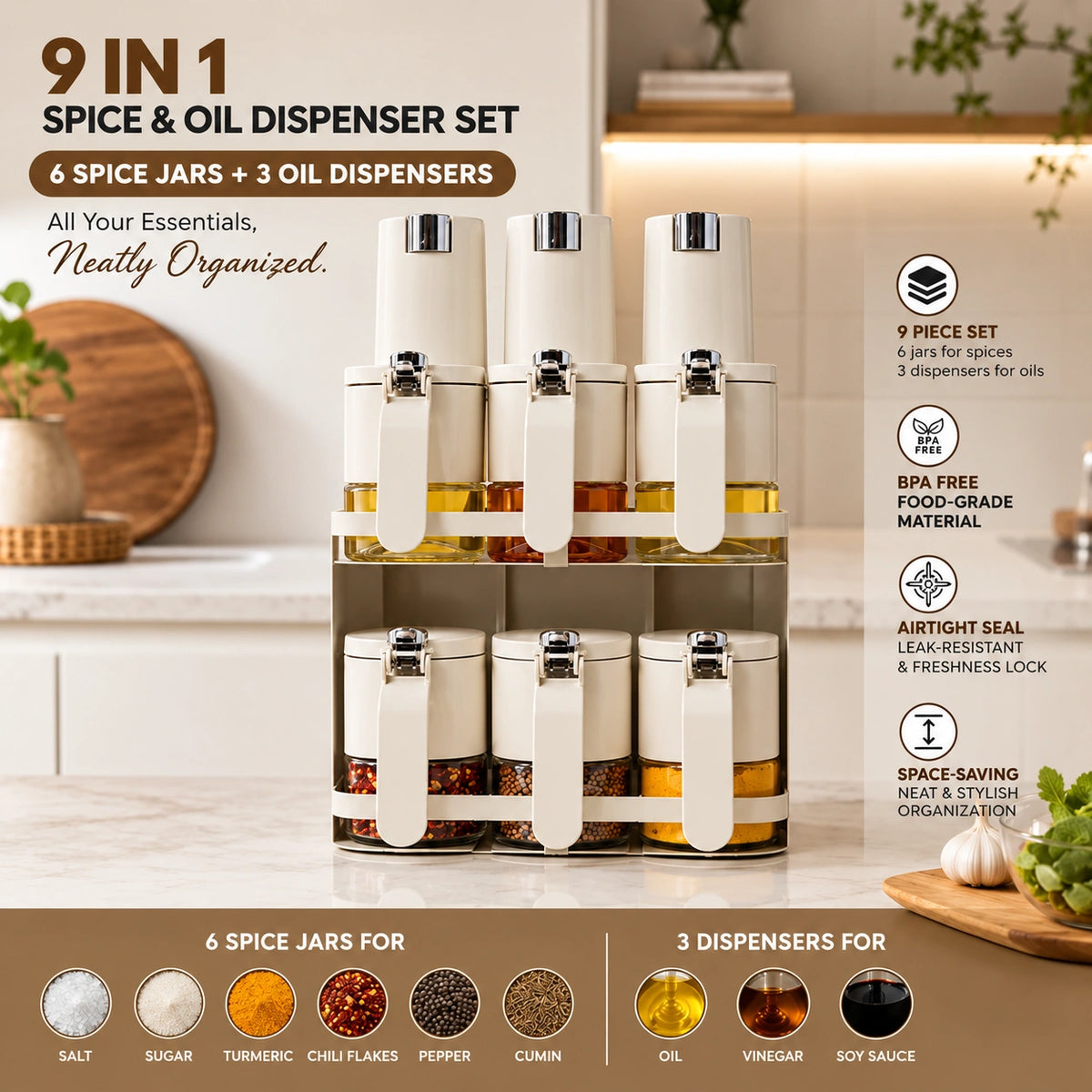 Premium Airtight 9-Piece Kitchen Spice Organiser | 6 Spice Jars & 3 Oil Bottles