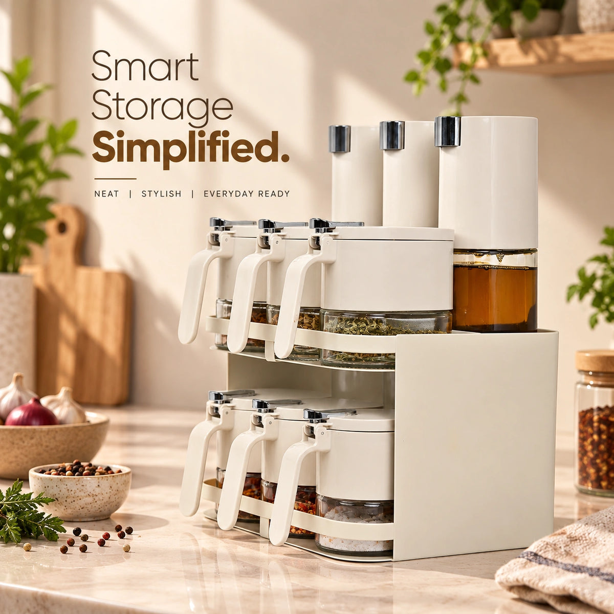 Premium Airtight 9-Piece Kitchen Spice Organiser | 6 Spice Jars & 3 Oil Bottles