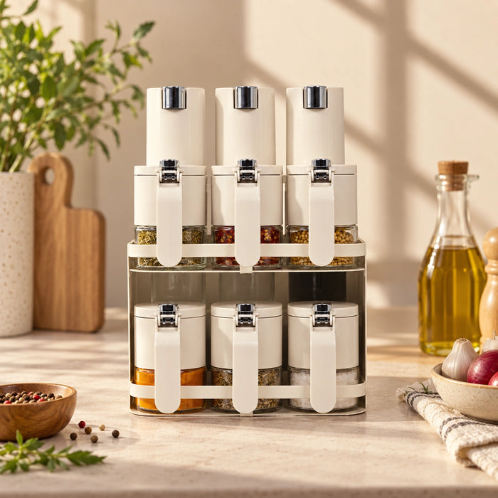 Premium Airtight 9-Piece Kitchen Spice Organiser | 6 Spice Jars & 3 Oil Bottles