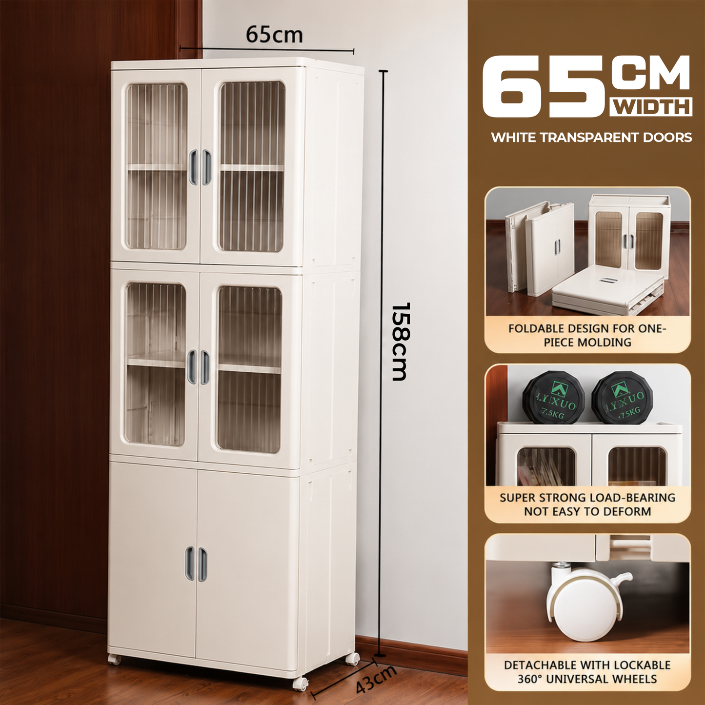 HOMX Foldable Storage Cabinet with Transparent Doors & Wheels