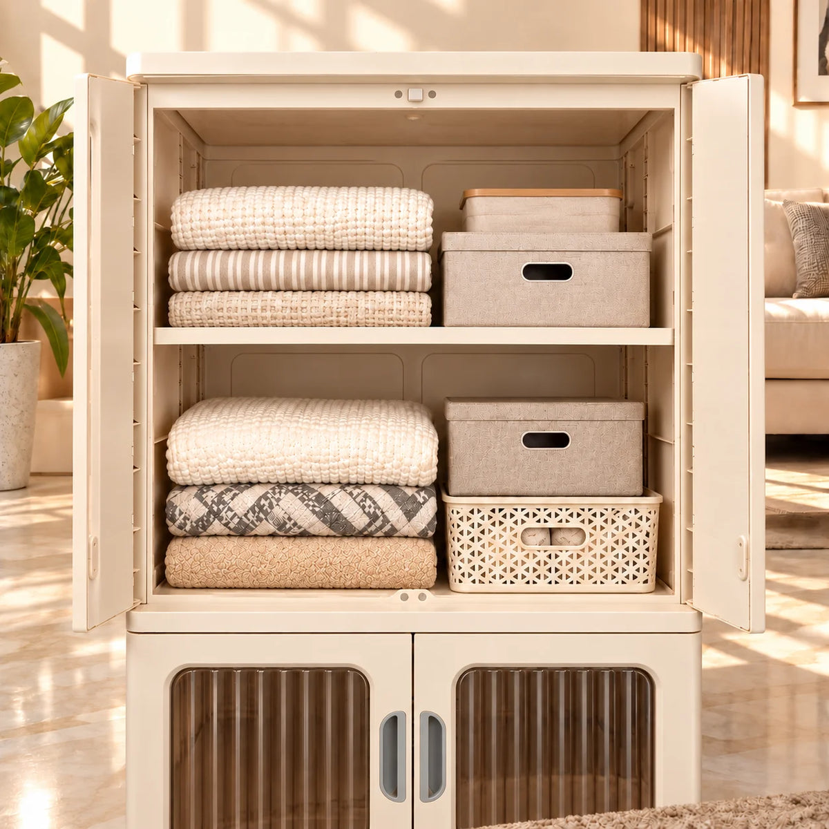 HOMX Premium-Quality Foldable Storage Cabinet with Transparent Doors & Wheels