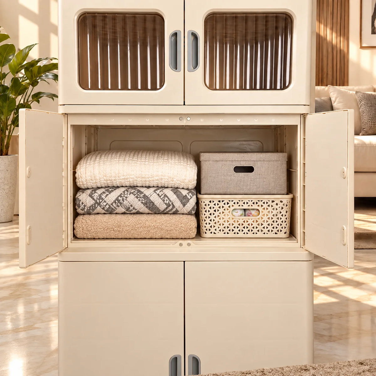 HOMX Premium-Quality Foldable Storage Cabinet with Transparent Doors & Wheels
