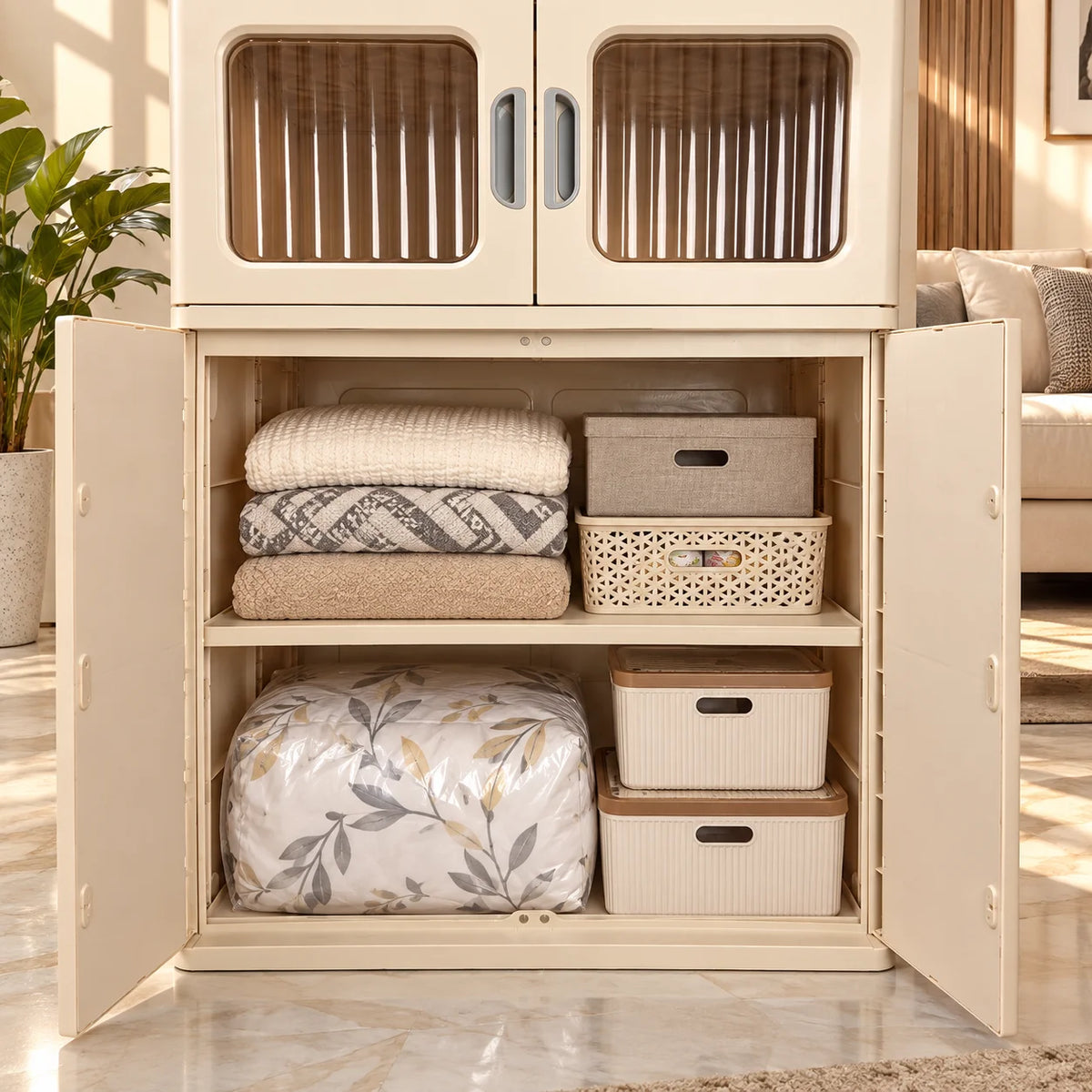 HOMX Premium-Quality Foldable Storage Cabinet with Transparent Doors & Wheels