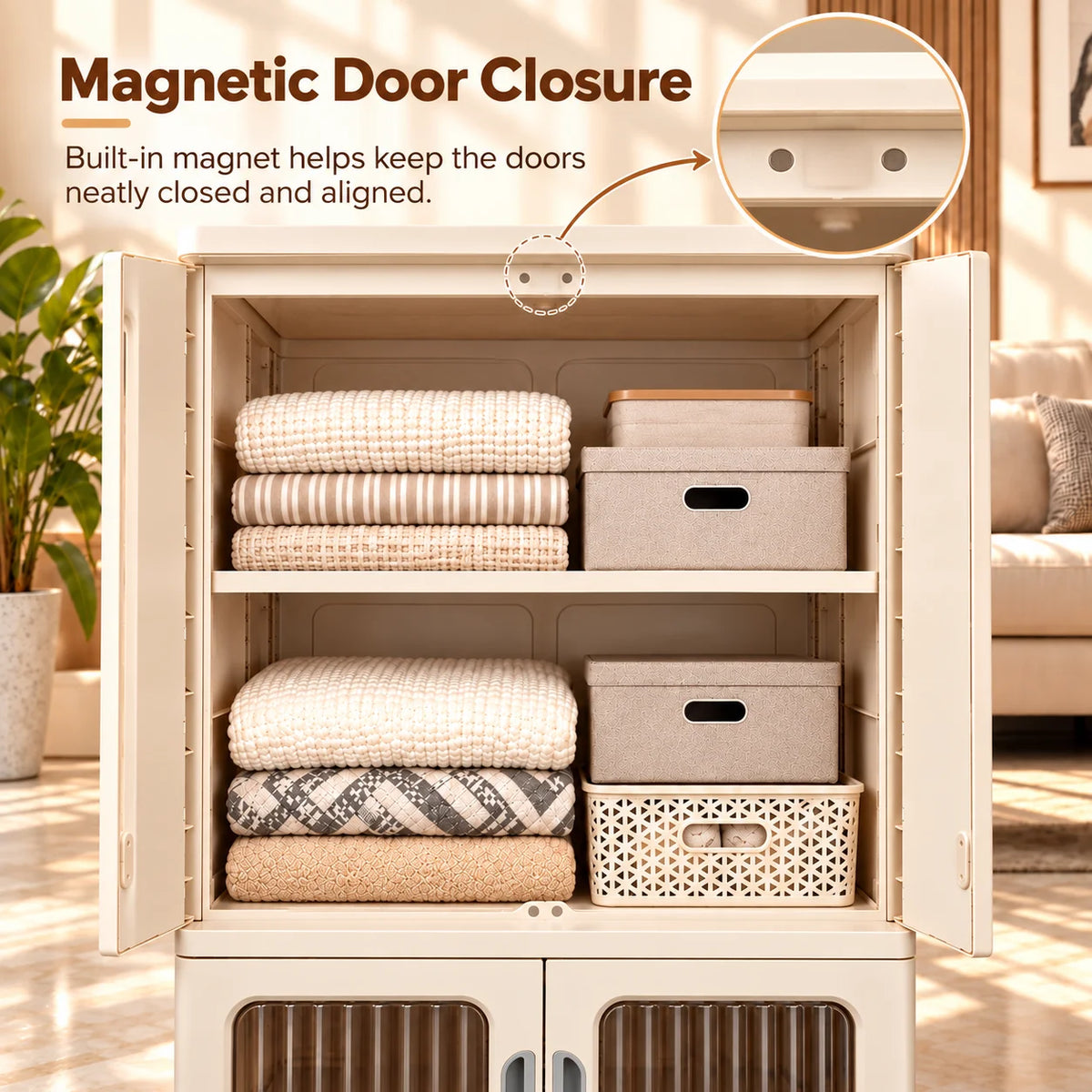 HOMX Premium-Quality Foldable Storage Cabinet with Transparent Doors & Wheels