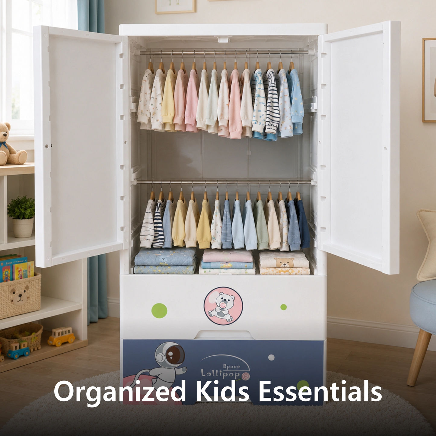 HOMX Kids Storage Cabinet with Wardrobe & Drawer Organizer for Bedroom