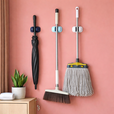 HOMX Beechwood Mop & Broom Holder | Wall Mounted Heavy Duty Clamp - Set of 2