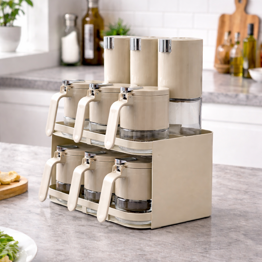 Premium 9-Piece Kitchen Spice Organiser | 6 Spice Jars & 3 Oil Bottles