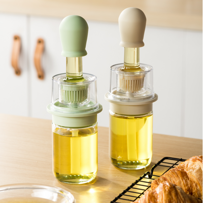 HOMX Glass Oil Bottle 180ml with Silicone Basting Brush | Leak-Proof Dispenser
