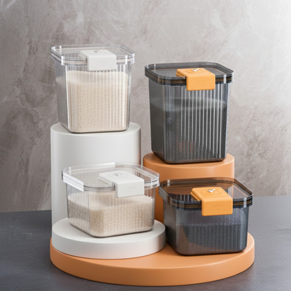 Set of storage containers with lids on a rotating stand against a gray background
