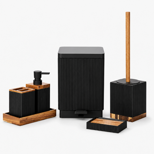 Unbreakable 5-Piece Black Ribbed Bathroom Accessories with Wooden Accents