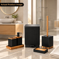 Unbreakable 6-Piece Black Ribbed Bathroom Accessories with Wooden Accents