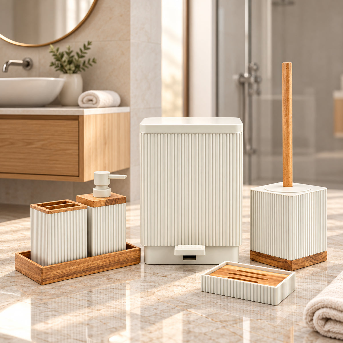 Unbreakable 6-Piece Black Ribbed Bathroom Accessories with Wooden Accents