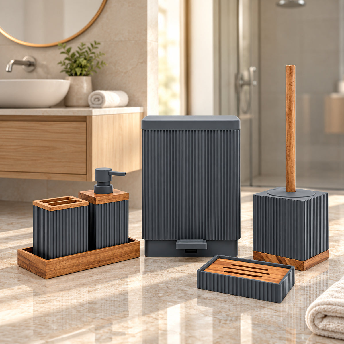 Unbreakable 6-Piece Black Ribbed Bathroom Accessories with Wooden Accents