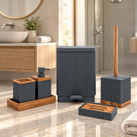 Unbreakable 6-Piece Black Ribbed Bathroom Accessories with Wooden Accents