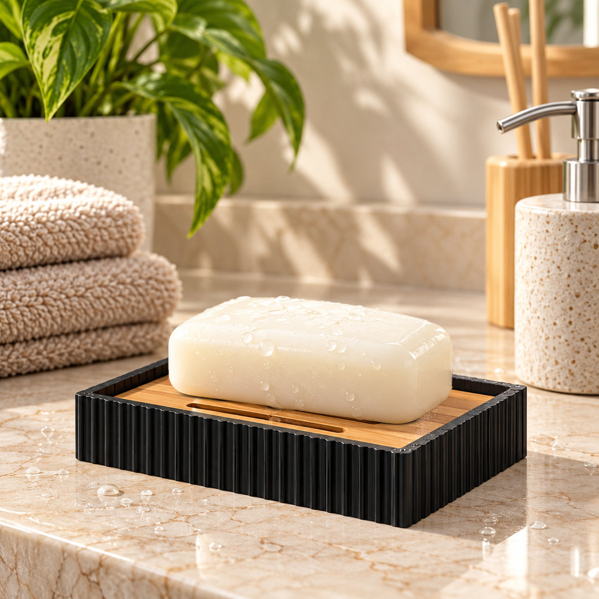 Unbreakable 6-Piece Black Ribbed Bathroom Accessories with Wooden Accents