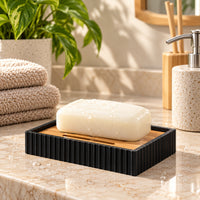 Unbreakable 6-Piece Black Ribbed Bathroom Accessories with Wooden Accents