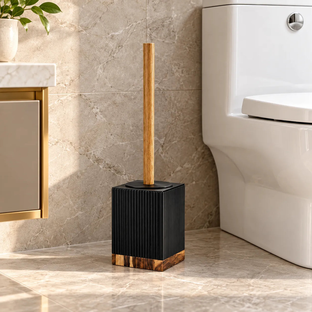 Unbreakable 6-Piece Black Ribbed Bathroom Accessories with Wooden Accents