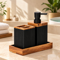 Unbreakable 6-Piece Black Ribbed Bathroom Accessories with Wooden Accents