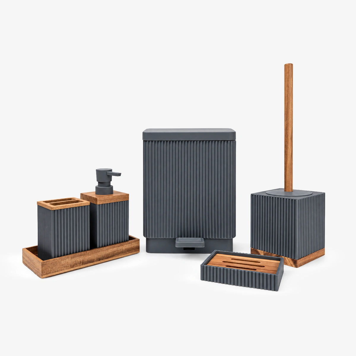 Unbreakable 6-Piece Black Ribbed Bathroom Accessories with Wooden Accents