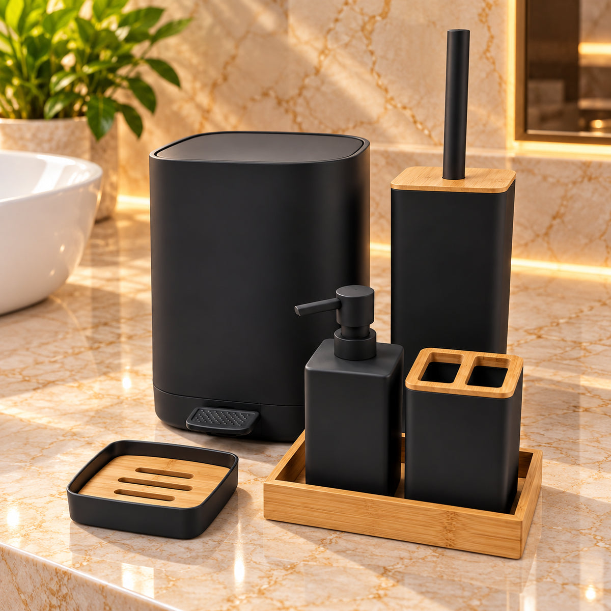 Luxury ABS Bathroom Accessories Set with Wooden Finish