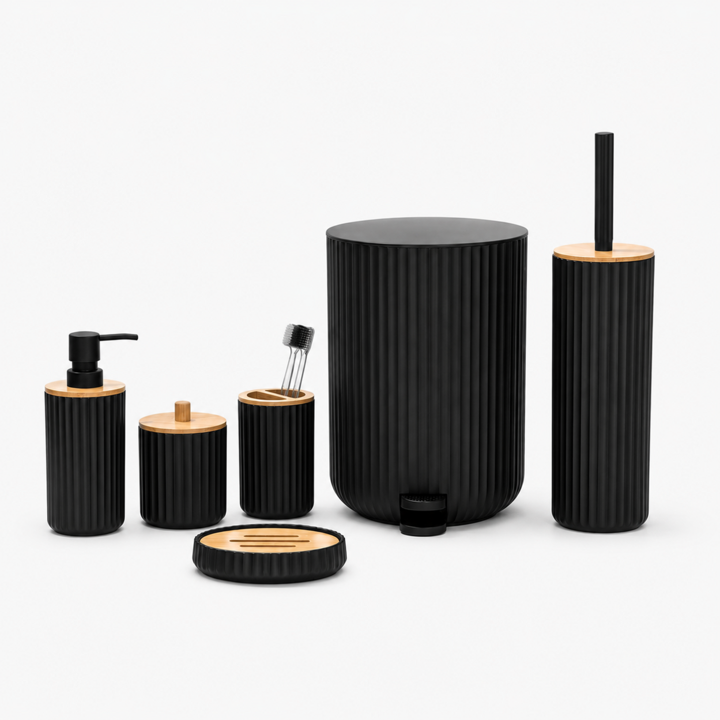 Premium ABS Ribbed Black Bathroom Accessories Set – 6 Pieces