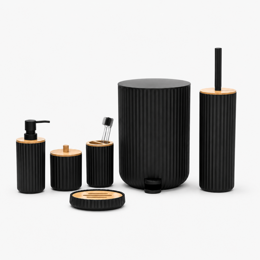 Premium ABS Ribbed Black Bathroom Accessories Set – 6 Pieces