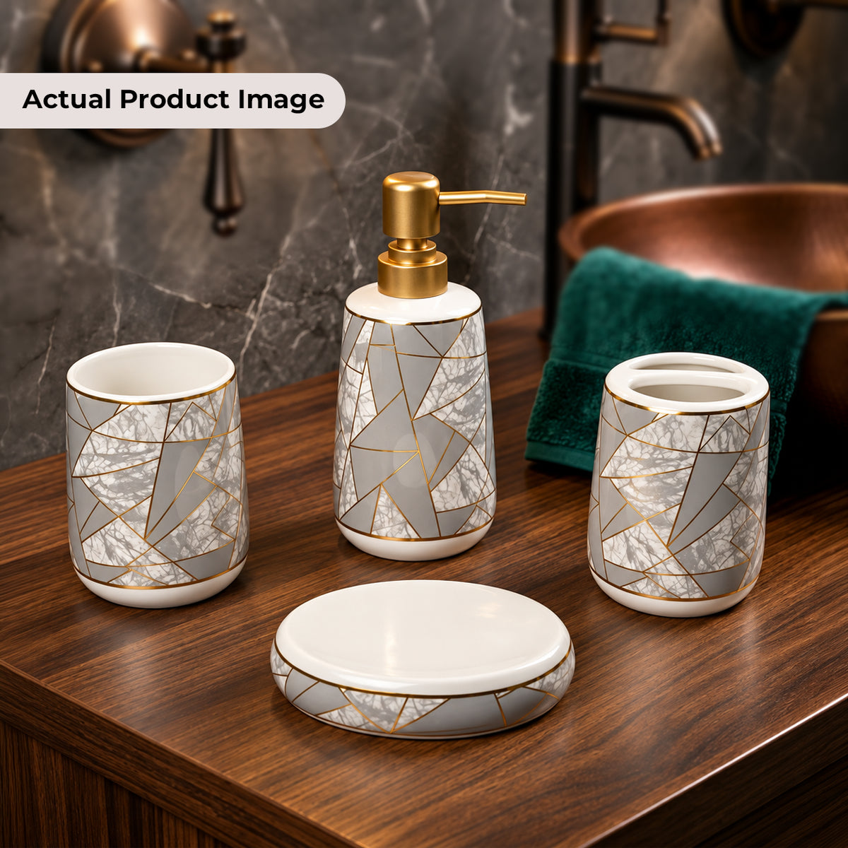 Luxe Ceramic Grey-Gold Bathroom Accessories Set of 4