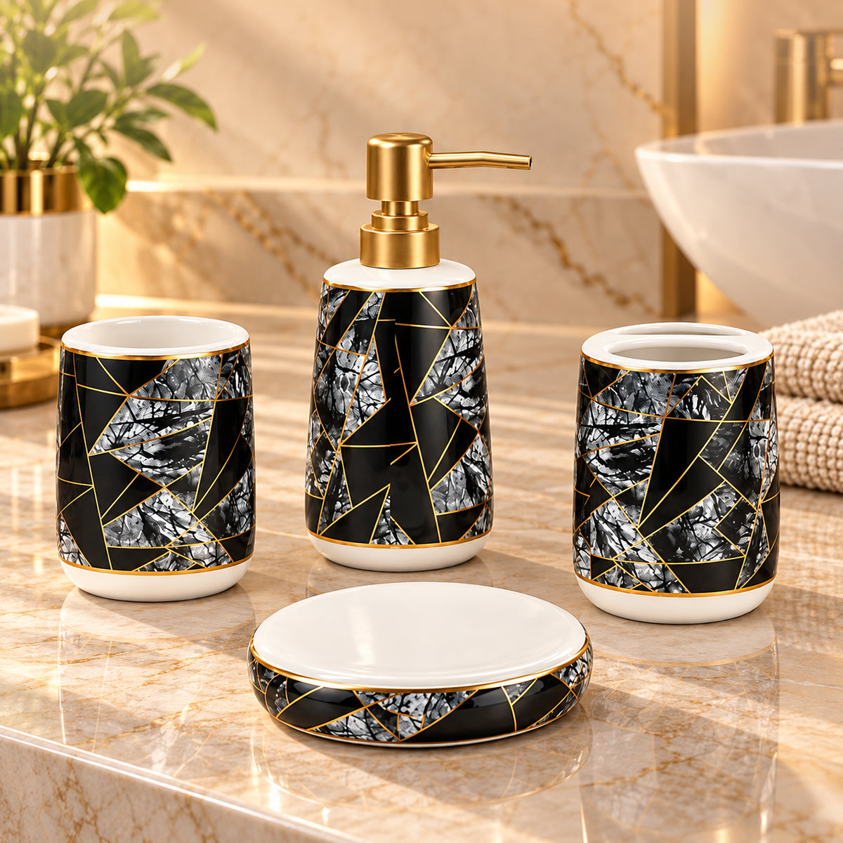 Luxe Ceramic Grey-Gold Bathroom Accessories Set of 4