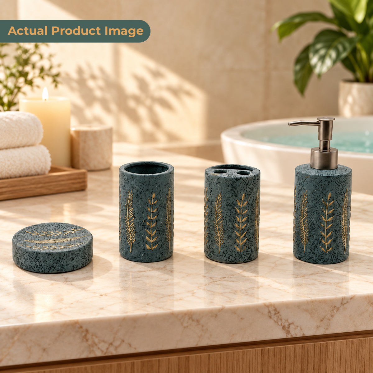 Nature-Inspired Ceramic Bathroom Accessories Set with Leaf Design (4Pcs)